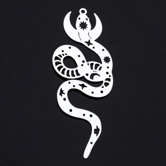 Picture of 5 PCs Iron Based Alloy Painted Filigree Stamping Pendants White Half Moon Snake Hollow 6.3cm x 2.4cm