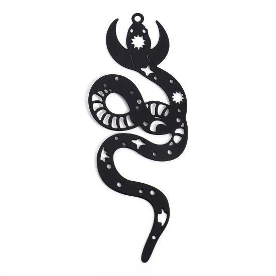 Picture of 5 PCs Iron Based Alloy Painted Filigree Stamping Pendants Black Half Moon Snake Hollow 6.3cm x 2.4cm