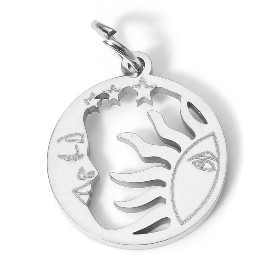 Image de 1 Pièce Breloques en 304 Acier Inoxydable Respectueux de la Nature Religieux Rond Argent Mat Soleil et Lune avec Visage Creux 17cm x 15cm