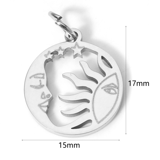 Image de 1 Pièce Breloques en 304 Acier Inoxydable Respectueux de la Nature Religieux Rond Argent Mat Soleil et Lune avec Visage Creux 17cm x 15cm