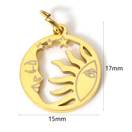Image de 1 Pièce Breloques en 304 Acier Inoxydable Placage sous Vide Religieux Rond Doré Soleil et Lune avec Visage Creux 17cm x 15cm 