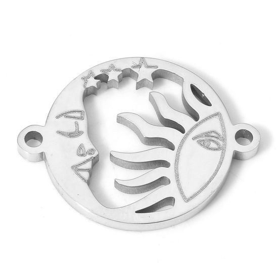 Image de 1 Pièce Connecteurs Pendentifs Breloques en 304 Acier Inoxydable Respectueux de la Nature Religieux Rond Argent Mat Soleil et Lune avec Visage Creux 19.5mm x 15cm