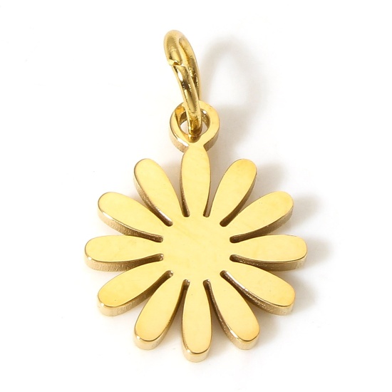 Picture of 1 Piece Vacuum Plating 304 Stainless Steel Pastoral Style Charms Gold Plated Daisy Flower Hollow 15mm x 12mm