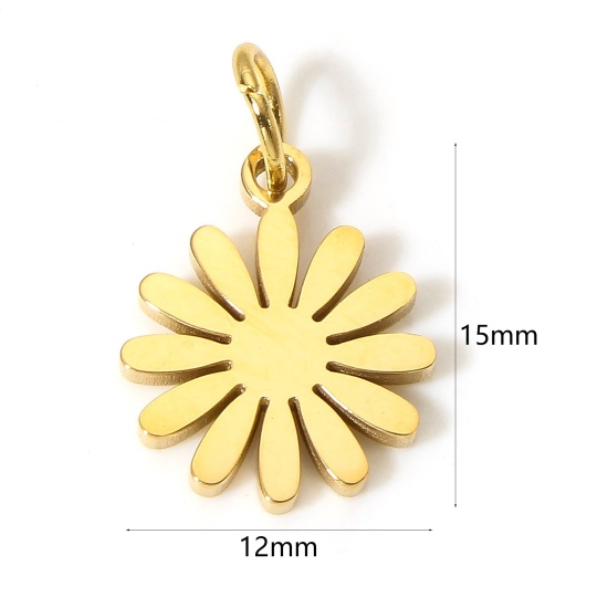 Picture of 1 Piece Vacuum Plating 304 Stainless Steel Pastoral Style Charms Gold Plated Daisy Flower Hollow 15mm x 12mm