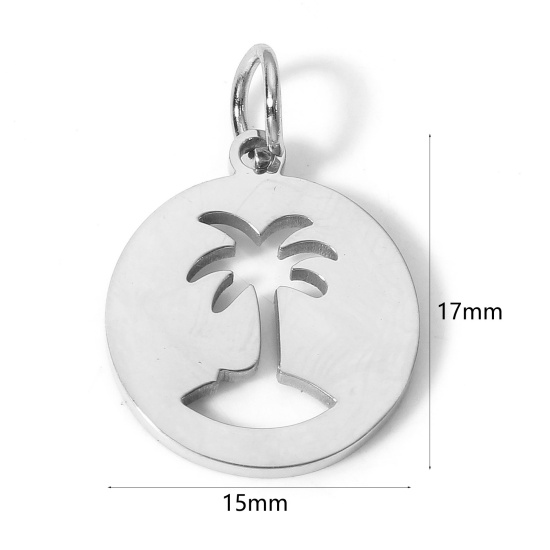 Picture of 1 Piece Eco-friendly 304 Stainless Steel Pastoral Style Charms Silver Tone Round Coconut Palm Tree Hollow 17mm x 15mm