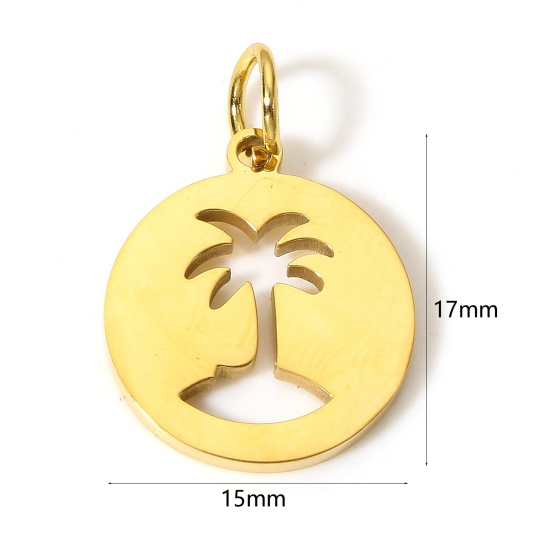 Picture of 1 Piece Vacuum Plating 304 Stainless Steel Pastoral Style Charms Gold Plated Round Coconut Palm Tree Hollow 17mm x 15mm