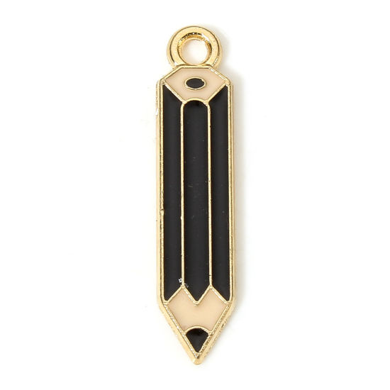Picture of 10 PCs Zinc Based Alloy College Jewelry Charms Gold Plated Black Pencil Enamel 27mm x 6mm