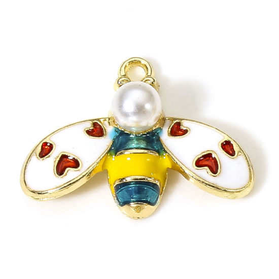 Picture of 10 PCs Zinc Based Alloy Insect Charms Gold Plated White & Yellow Bee Animal Heart Enamel 23mm x 17mm