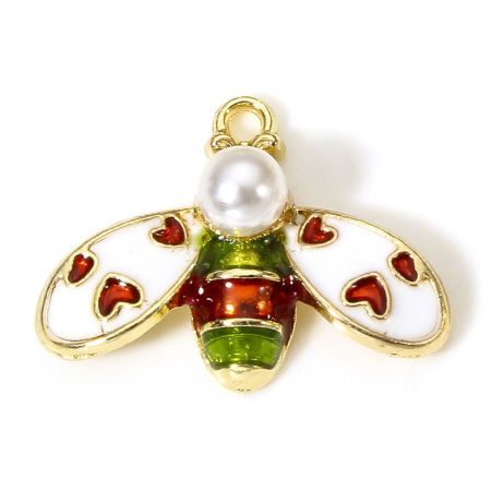 Bild von 10 Stück Zinklegierung Insekt Charms Vergoldet Weiß & Grün Biene Herz Emaille 23mm x 17mm