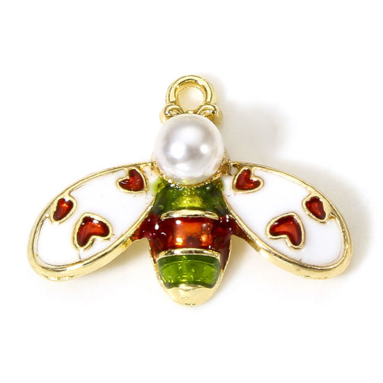 Picture of 10 PCs Zinc Based Alloy Insect Charms Gold Plated White & Green Bee Animal Heart Enamel 23mm x 17mm