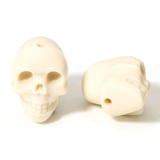 Picture of 5 PCs Silicone Halloween Beads For DIY Jewelry Making Skeleton Skull Creamy-White 3D About 21mm x 16.5mm, Hole: Approx 2.2mm