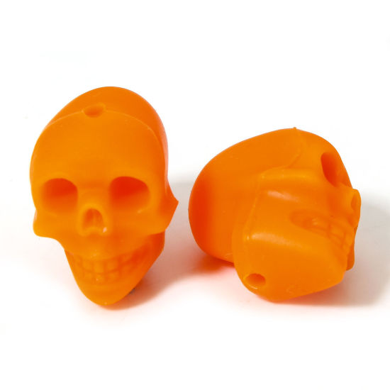 Picture of 5 PCs Silicone Halloween Beads For DIY Jewelry Making Skeleton Skull Orange 3D About 21mm x 16.5mm, Hole: Approx 2.2mm