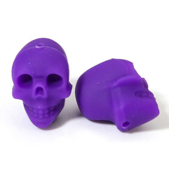 Picture of 5 PCs Silicone Halloween Beads For DIY Jewelry Making Skeleton Skull Purple 3D About 21mm x 16.5mm, Hole: Approx 2.2mm