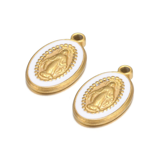 Image de 1 Pièce Breloques en 304 Acier Inoxydable Ovale Doré Blanc Jésus Émail 10mm x 18mm