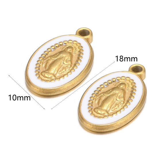 Image de 1 Pièce Breloques en 304 Acier Inoxydable Ovale Doré Blanc Jésus Émail 10mm x 18mm