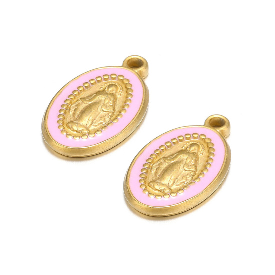 Image de 1 Pièce Breloques en 304 Acier Inoxydable Ovale Doré Rose Jésus Émail 10mm x 18mm