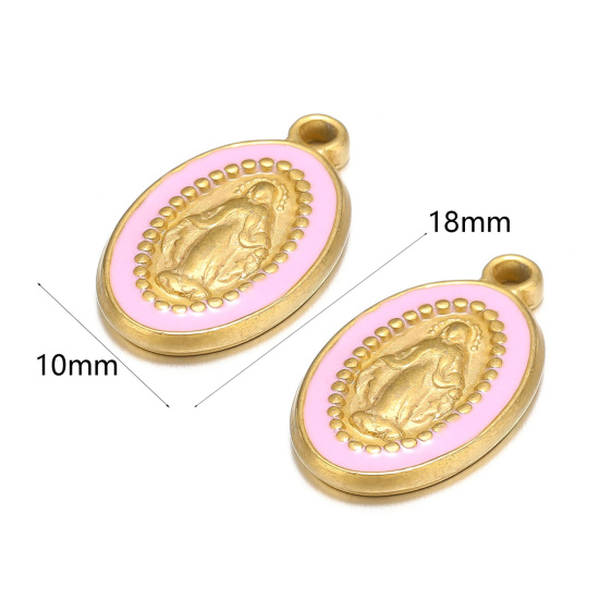 Image de 1 Pièce Breloques en 304 Acier Inoxydable Ovale Doré Rose Jésus Émail 10mm x 18mm