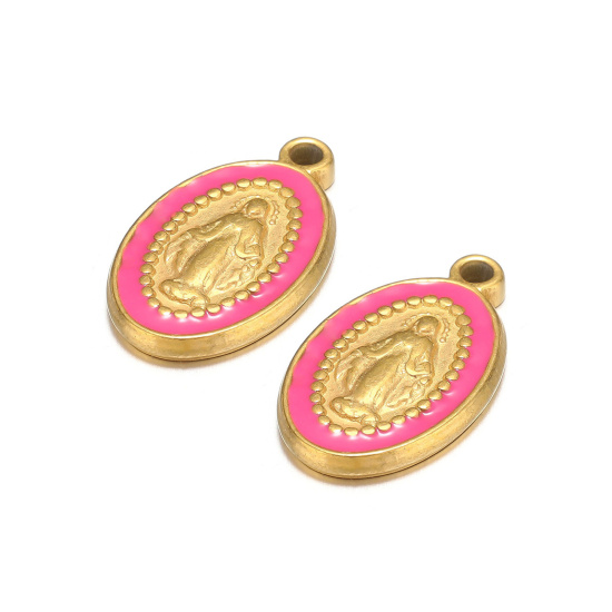 Image de 1 Pièce Breloques en 304 Acier Inoxydable Ovale Doré Fuchsia Jésus Émail 10mm x 18mm