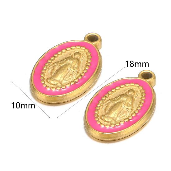 Image de 1 Pièce Breloques en 304 Acier Inoxydable Ovale Doré Fuchsia Jésus Émail 10mm x 18mm