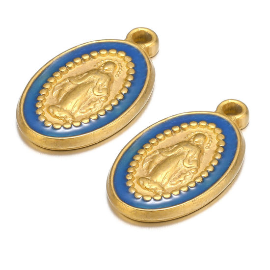 Image de 1 Pièce Breloques en 304 Acier Inoxydable Ovale Doré Bleu Foncé Jésus Émail 10mm x 18mm
