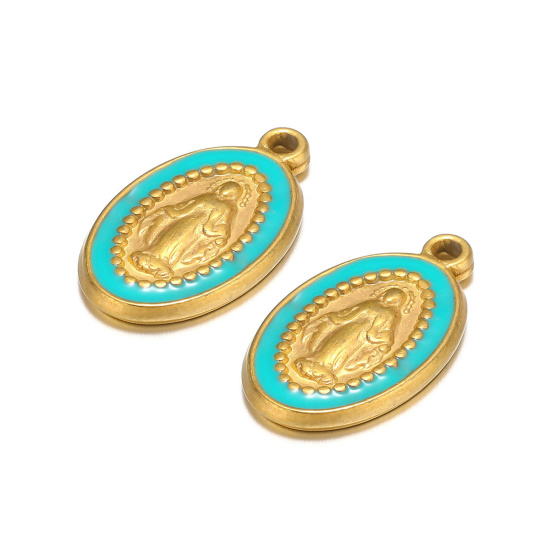 Image de 1 Pièce Breloques en 304 Acier Inoxydable Ovale Doré Bleu Jésus Émail 10mm x 18mm