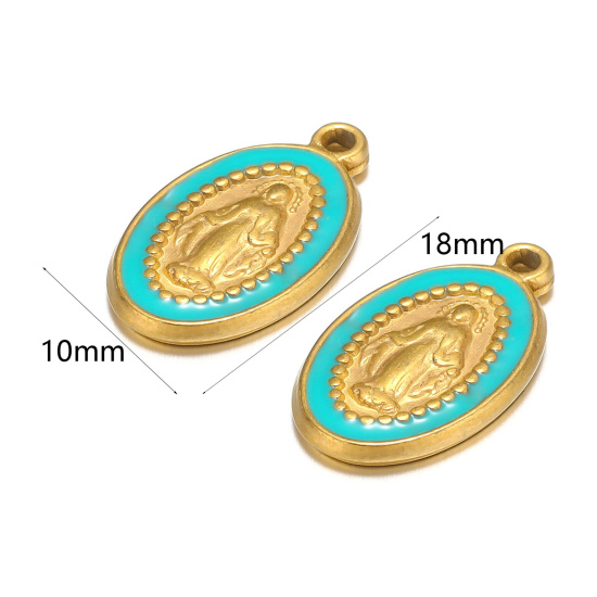 Image de 1 Pièce Breloques en 304 Acier Inoxydable Ovale Doré Bleu Jésus Émail 10mm x 18mm