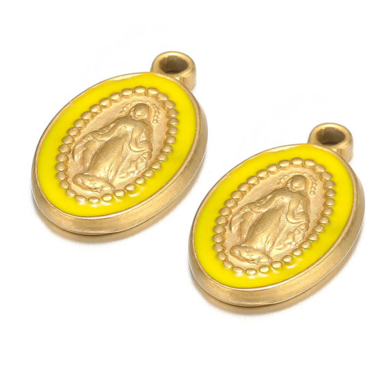 Image de 1 Pièce Breloques en 304 Acier Inoxydable Ovale Doré Citron Jésus Émail 10mm x 18mm