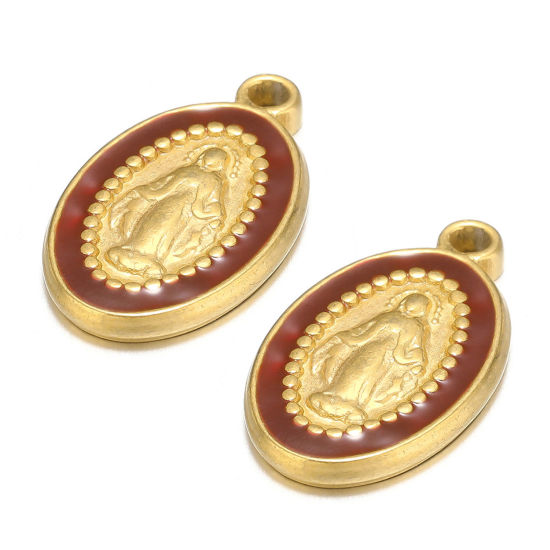 Image de 1 Pièce Breloques en 304 Acier Inoxydable Ovale Doré Brun Foncé Jésus Émail 10mm x 18mm