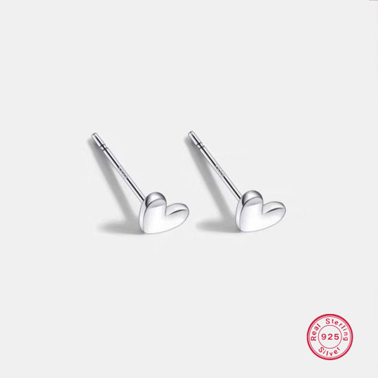 Picture of 1 Pair Sterling Silver Ear Post Stud Earrings Silver Color Heart 5mm x 11mm, Post/ Wire Size: (21 gauge)