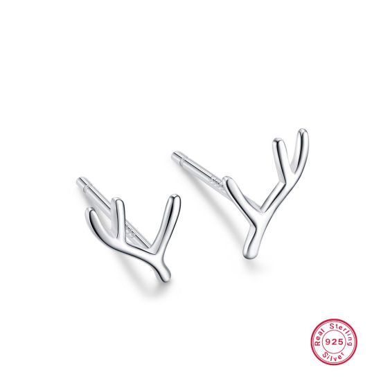 Picture of 1 Pair Sterling Silver Ear Post Stud Earrings Silver Color Antler 5mm x 11mm, Post/ Wire Size: (21 gauge)