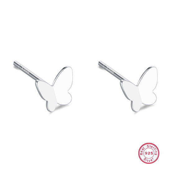 Picture of 1 Pair Sterling Silver Ear Post Stud Earrings Silver Color Butterfly Animal 5mm x 11mm, Post/ Wire Size: (21 gauge)