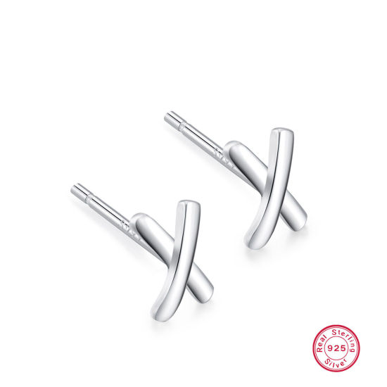 Picture of 1 Pair Sterling Silver Ear Post Stud Earrings Silver Color X Shape 5mm x 11mm, Post/ Wire Size: (21 gauge)