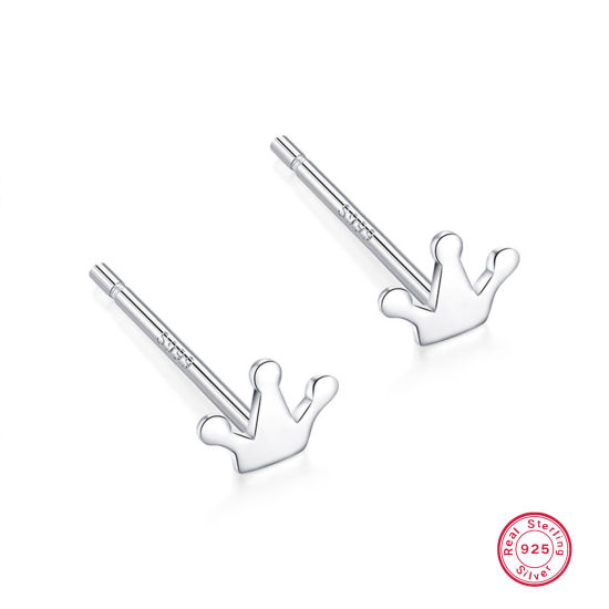 Picture of 1 Pair Sterling Silver Ear Post Stud Earrings Silver Color Crown 5mm x 11mm, Post/ Wire Size: (21 gauge)