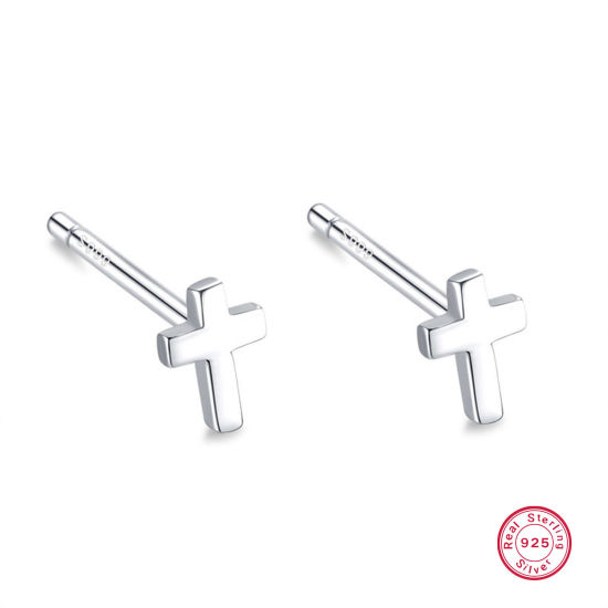 Picture of 1 Pair Sterling Silver Ear Post Stud Earrings Silver Color Cross 5mm x 11mm, Post/ Wire Size: (21 gauge)