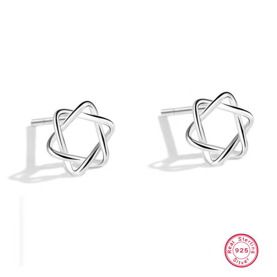 Picture of 1 Pair Sterling Silver Ear Post Stud Earrings Silver Color Star Of David Hexagram 5mm x 11mm, Post/ Wire Size: (21 gauge)