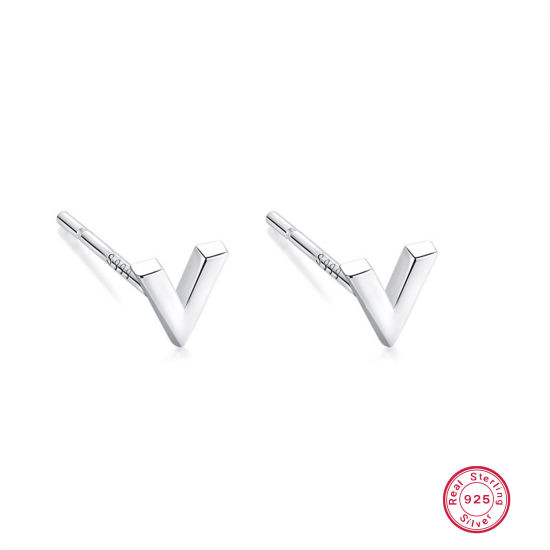 Picture of 1 Pair Sterling Silver Ear Post Stud Earrings Silver Color V-shaped 5mm x 11mm, Post/ Wire Size: (21 gauge)