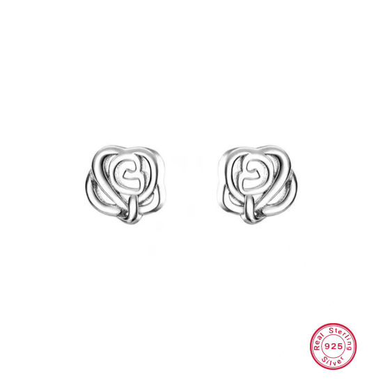 Picture of 1 Pair Sterling Silver Ear Post Stud Earrings Silver Color Rose Flower 5mm x 11mm, Post/ Wire Size: (21 gauge)