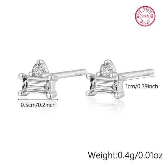 Picture of 1 Pair Sterling Silver Ear Post Stud Earrings Platinum Plated Geometric Clear Rhinestone 5mm x 10mm
