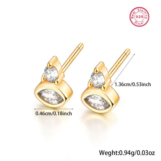 Picture of 1 Pair Sterling Silver Ear Post Stud Earrings 18K Gold Color Geometric Clear Rhinestone 4.6mm x 13.6mm