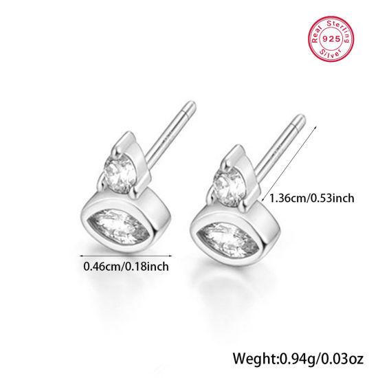 Picture of 1 Pair Sterling Silver Ear Post Stud Earrings Platinum Plated Geometric Clear Rhinestone 4.6mm x 13.6mm