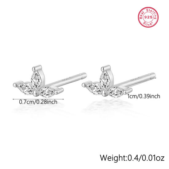 Picture of 1 Pair Sterling Silver Ear Post Stud Earrings Platinum Plated Geometric Clear Rhinestone 7mm x 10mm