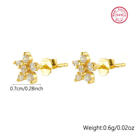 Picture of 1 Pair Sterling Silver Ear Post Stud Earrings 18K Gold Color Geometric Clear Rhinestone 7mm x 10mm