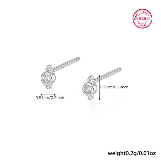 Picture of 1 Pair Sterling Silver Ear Post Stud Earrings Platinum Plated Geometric Clear Rhinestone 5.1mm x 2.9mm