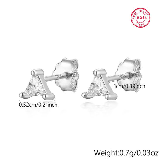 Picture of 1 Pair Sterling Silver Ear Post Stud Earrings Platinum Plated Geometric Clear Rhinestone 5.2mm x 10mm