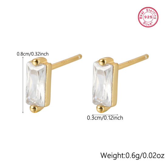 Picture of 1 Pair Sterling Silver Ear Post Stud Earrings 18K Gold Color Geometric Clear Rhinestone 3mm x 8mm