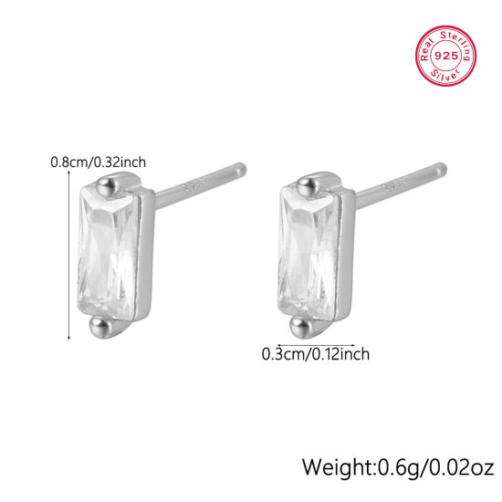 Picture of 1 Pair Sterling Silver Ear Post Stud Earrings Platinum Plated Geometric Clear Rhinestone 3mm x 8mm