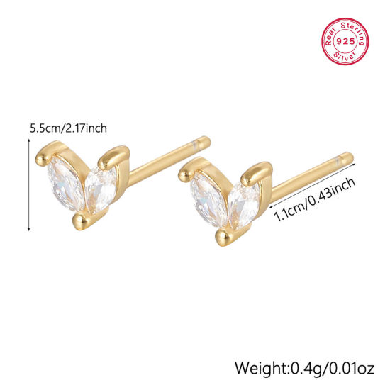 Picture of 1 Pair Sterling Silver Ear Post Stud Earrings 18K Gold Color Geometric Clear Rhinestone 5.5mm x 11mm