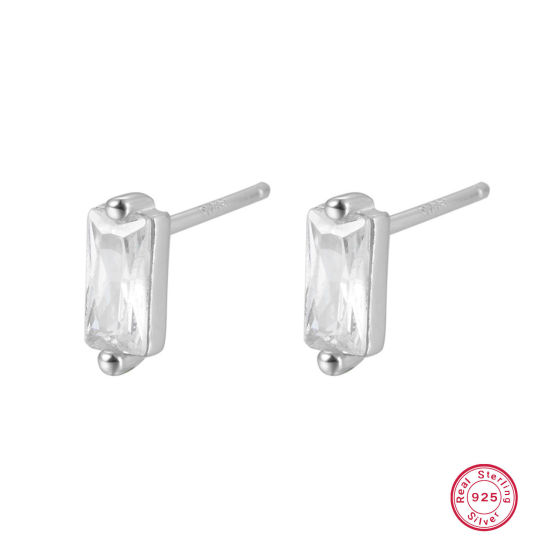 Picture of 1 Pair Sterling Silver Ear Post Stud Earrings Platinum Plated Rectangle Clear Rhinestone With Stoppers 3mm x 7.8mm