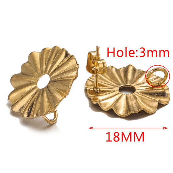 Picture of 10 PCs 304 Stainless Steel Ear Post Stud Earring With Loop Connector Accessories Round 18K Gold Plated Embossing With Stoppers 18mm Dia., Post/ Wire Size: (20 gauge)