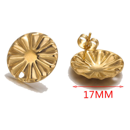 Picture of 10 PCs 304 Stainless Steel Ear Post Stud Earring With Loop Connector Accessories 18K Gold Plated Embossing With Stoppers 17mm Dia., Post/ Wire Size: (20 gauge)